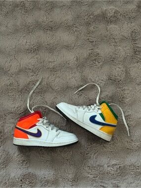 Nike Kids White High-Top Sneakers with Blue Swoosh and Multicolor Panels